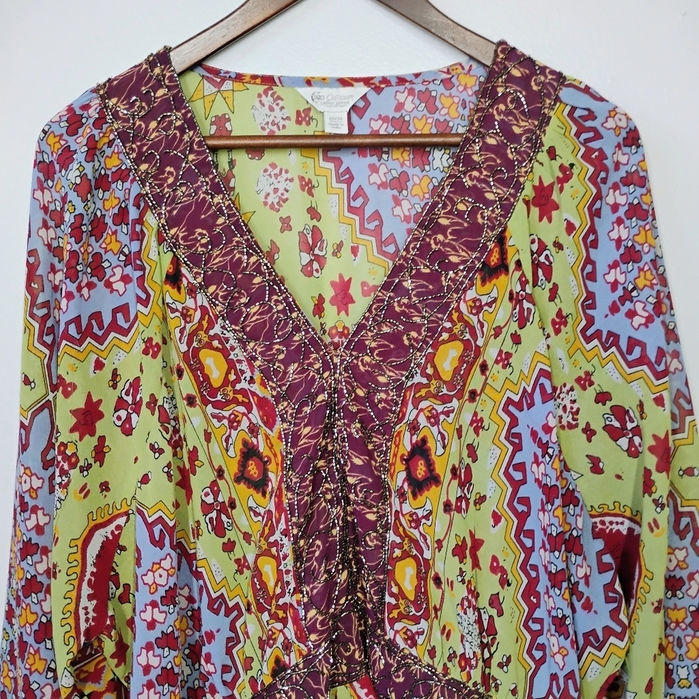 Cato Collection Top Womens Plus 22/24 Multicolor Beaded Bohemian Blouson Sleeve - Picture 3 of 11